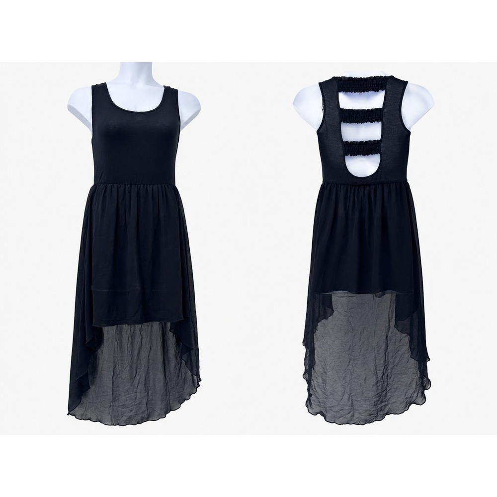 NEW AnM Black High Low whimsigoth witchy vamp dress sheer train ruffle details L
